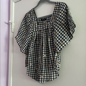 Madewell Black & White Gingham Flutter-Sleeve Top with Gold Floral
